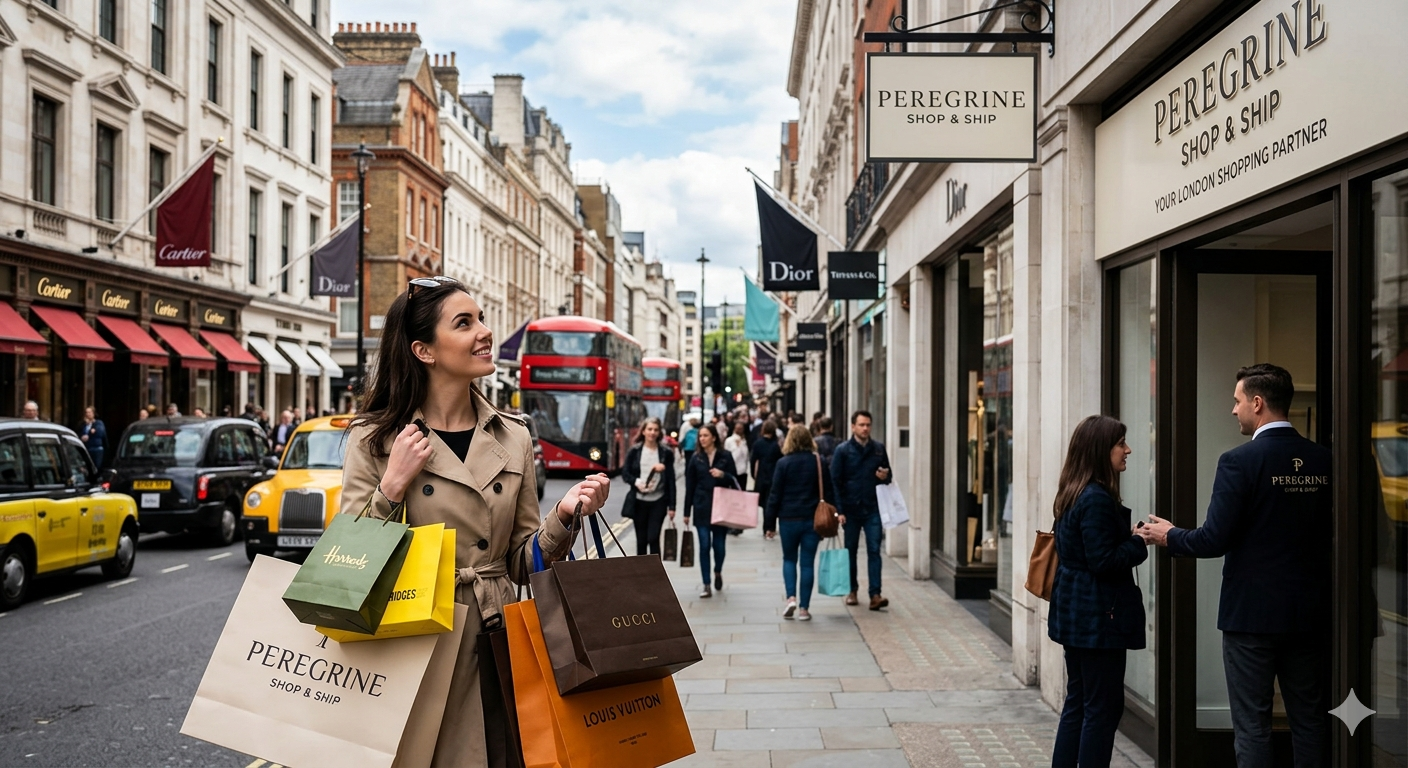 A fashionable woman with shopping bags walks past luxury stores in London.