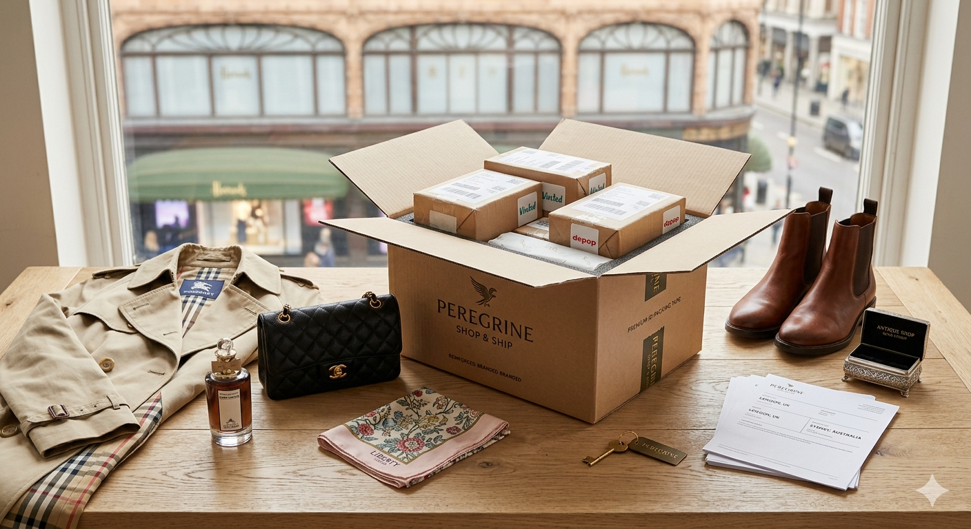 A curated collection of luxury UK fashion items, including a trench coat and a quilted designer hand