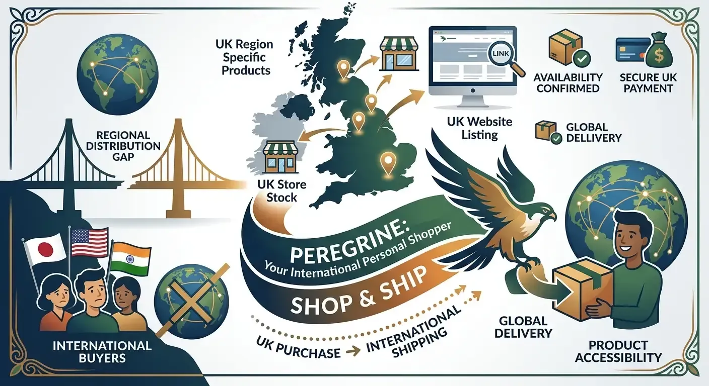 An illustrative infographic showing a stylized map of the UK with a flowing 'Peregrine' shopping