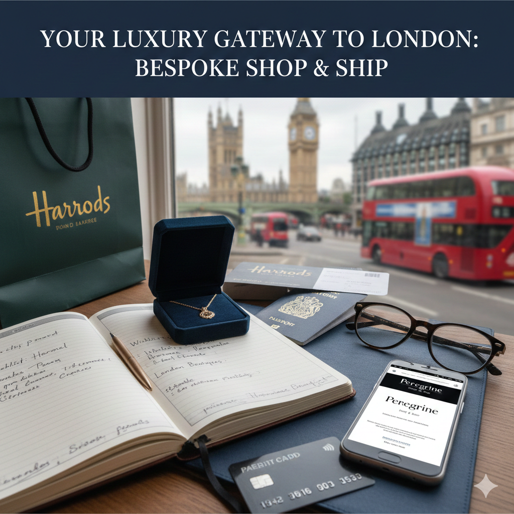A luxury shopping concierge desk in London featuring a designer jewelry box, Harrods shopping bag,