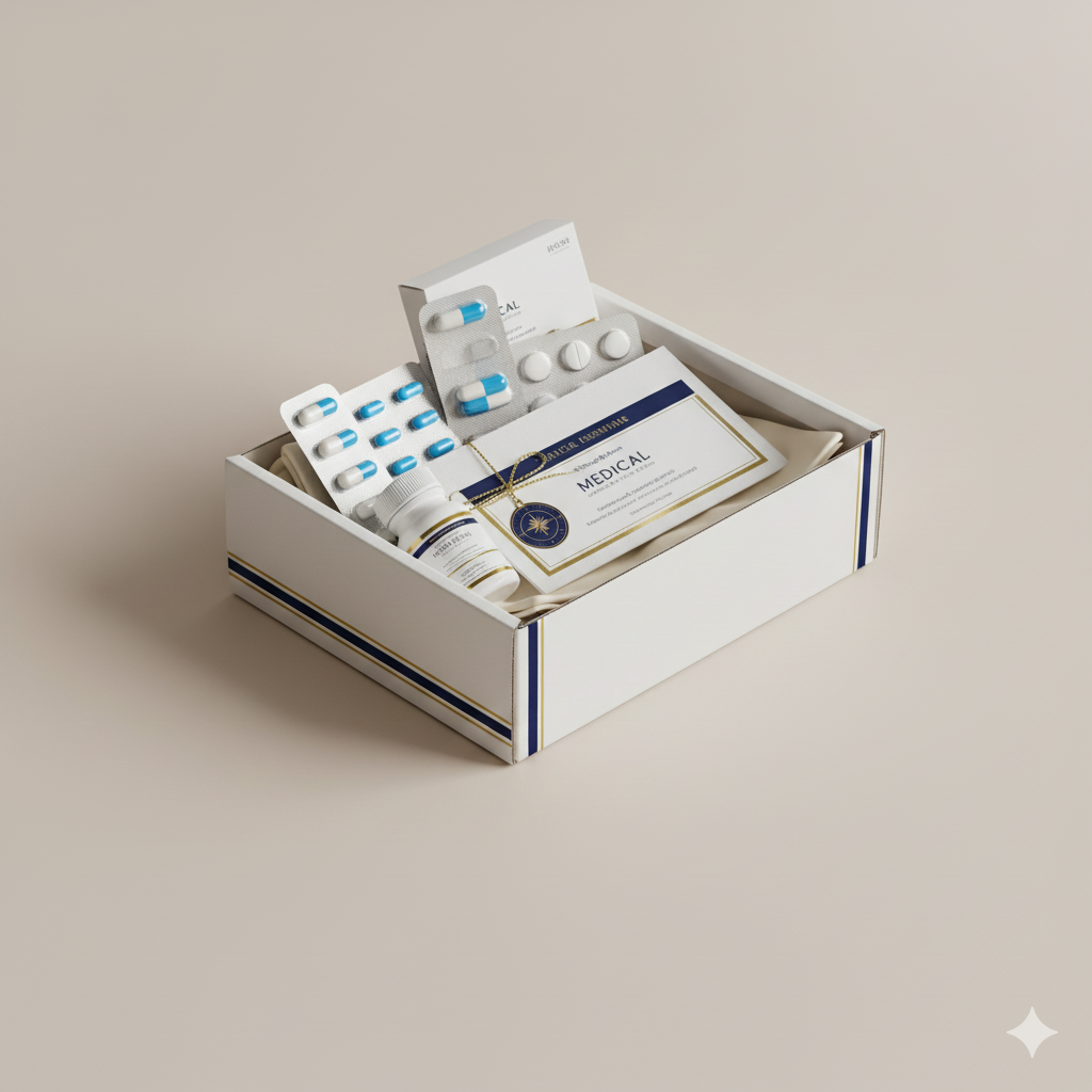 UK medical supplies courier box next to luxury shopping bags on a London marble ledge at sunset, symbolizing safe international shipping of health and wellness products and bespoke retail