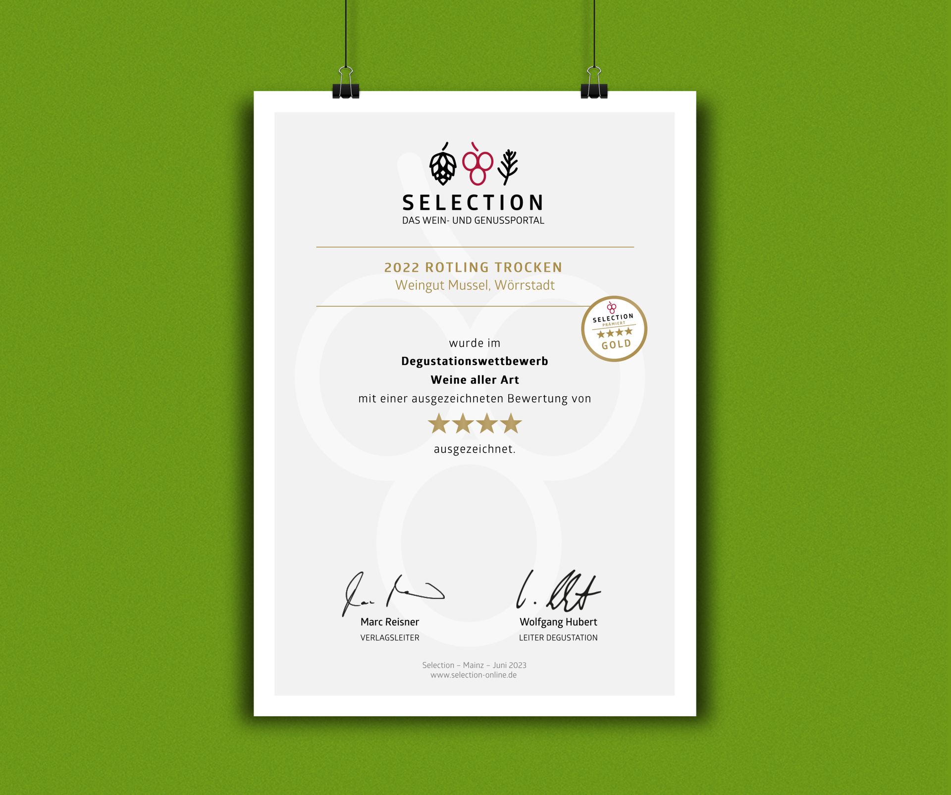 Urkunde für den Rotling trocken 2022 von selection-online.de