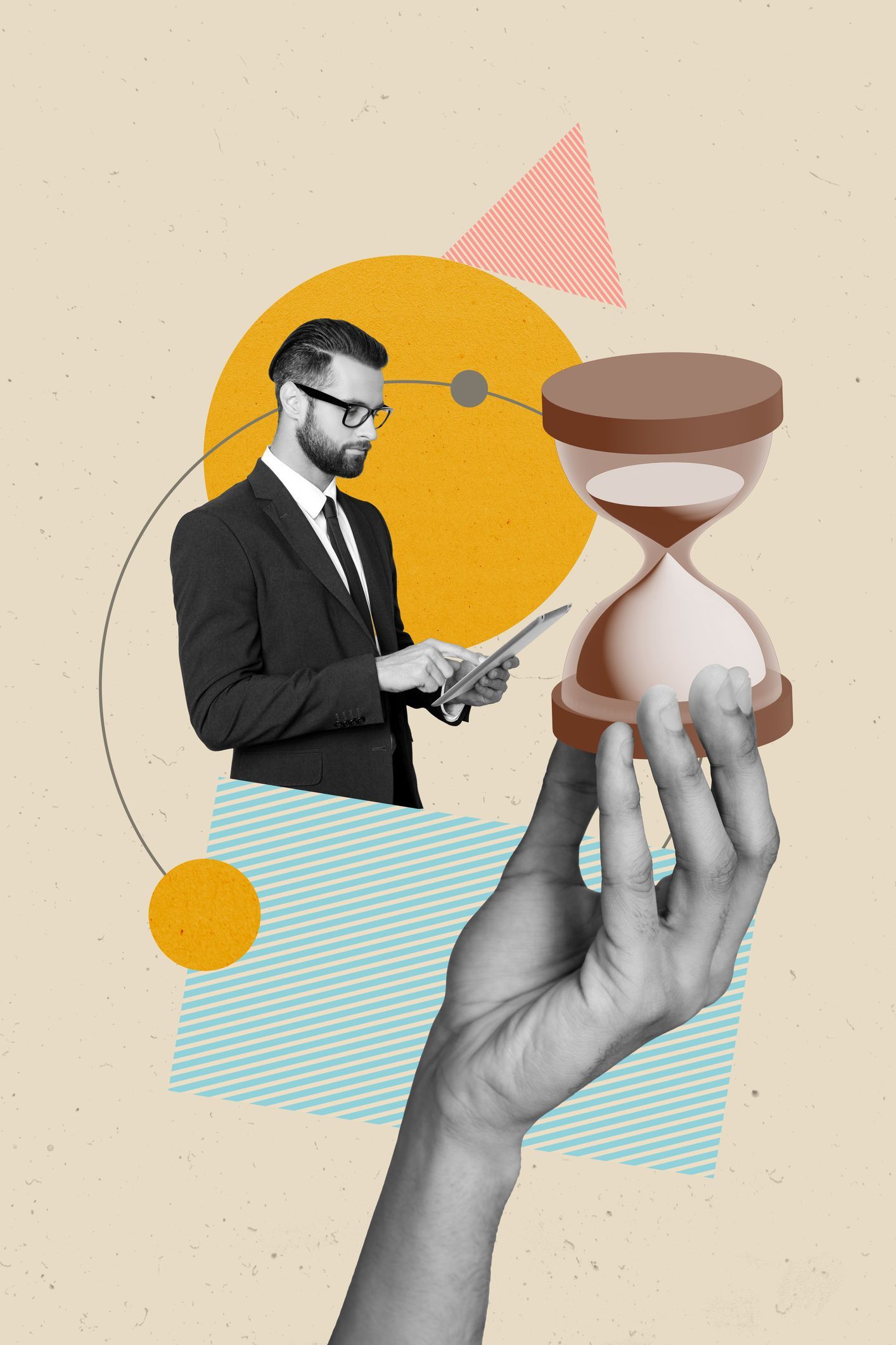 Mann mit einem Tablett und einer Sanduhr im Vordergrund.