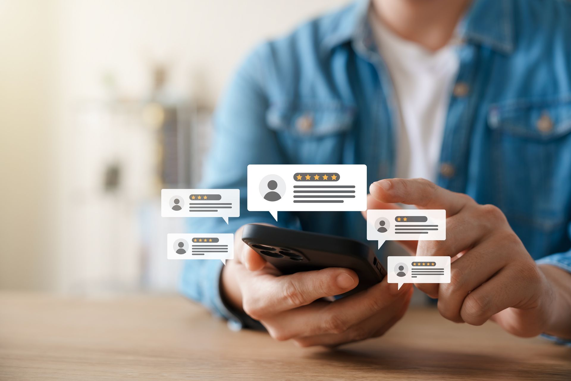 Mann zeigt auf Handy und sieht gute Bewertungen