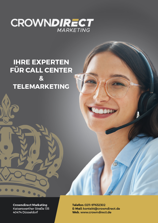 Frau mit Headset als Titelbild der Infobroschüre von Crowndirect.