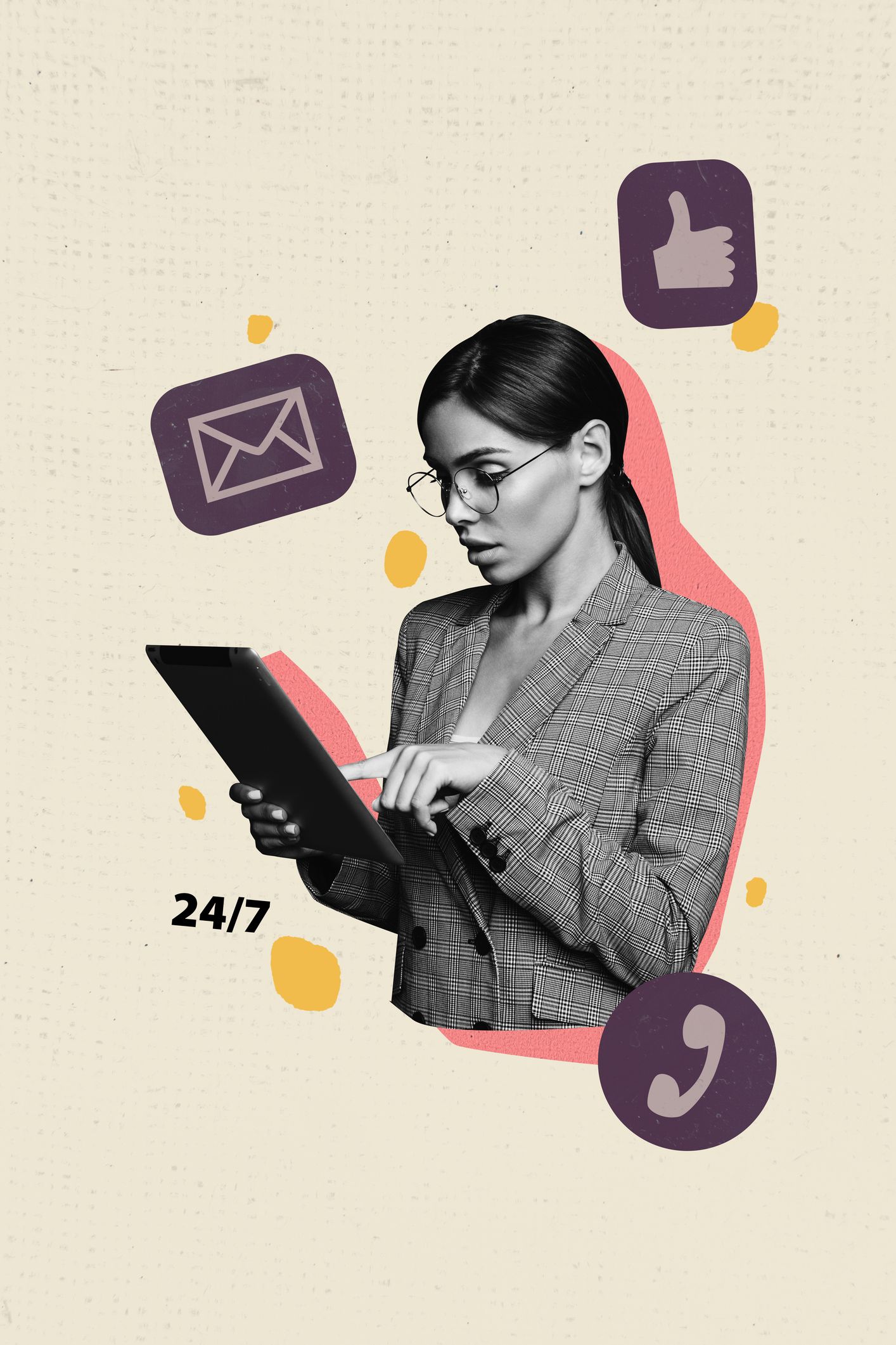 Frau mit Tablett. Im Hintergrund sieht man ein Telefon, Mail und Gefällt mir.