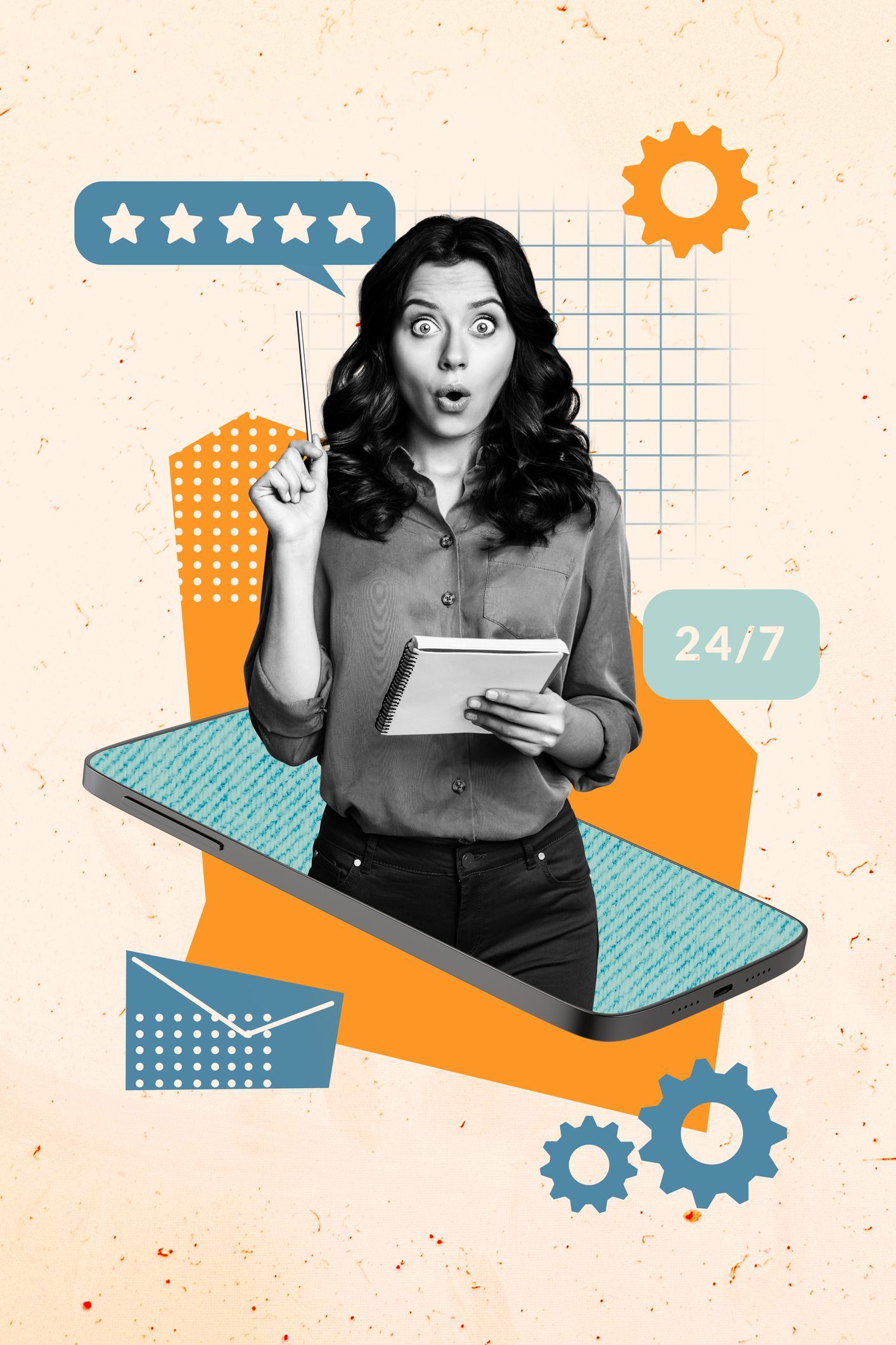 Frau mit einem Notizbuch und 5 Sternen