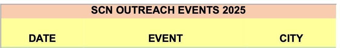 SCN OUTREACH EVENTS 2025
DATE
EVENT
CITY
ANCHOR
VOLUNTEERS
NEEDED
January
Sat, 1/11
The Yoga Expo LA
Pasadena
John
Cancelled due to the L.A. area fires.
February
Fri - Sun
2/7 - 2/9
Conscious Life Expo
Los Angeles Airport Hilton Hotel
Los Angeles
TBD
Separate sign-up sheet circulated.
March
Sat, 3/1
New Earth Conference
Ventura
Ray
Ray is giving a talk.
Sat - Sun
3/15 - 3/16
Tucson Festival of Books
Tucson, AZ
John
April
Sat - Sun
4/26 - 4/27
LA Times Festival of Books
Los Angeles
Mo
Sat., Jackie
Sun., Yvonne
May
Thurs - Mon
5/29 - 6/2
Contact in the Desert
Coachella Valley
John