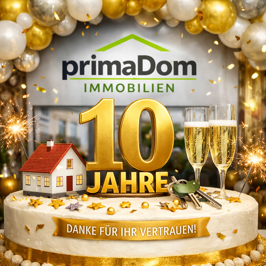 Jubiläum 10 Jahre PrimaDom Immobilien in Nürnberg mit Logo, Haus und goldener Dekoration als Symbol
