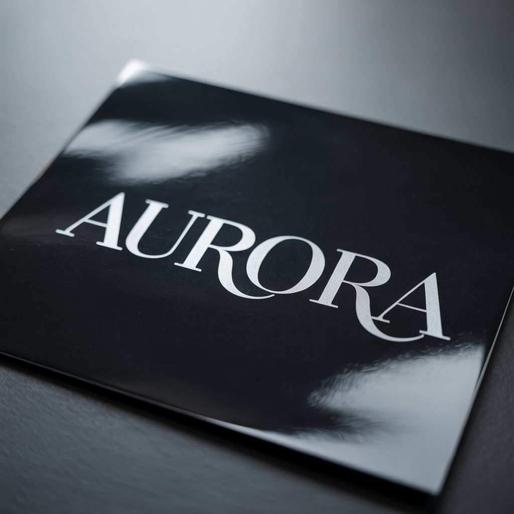 Schwarzes Druckprodukt mit Der silberne Schriftzug 'AURORA' auf dem glänzenden, schwarzen Cover einer Broschüre oder eines Katalogs.