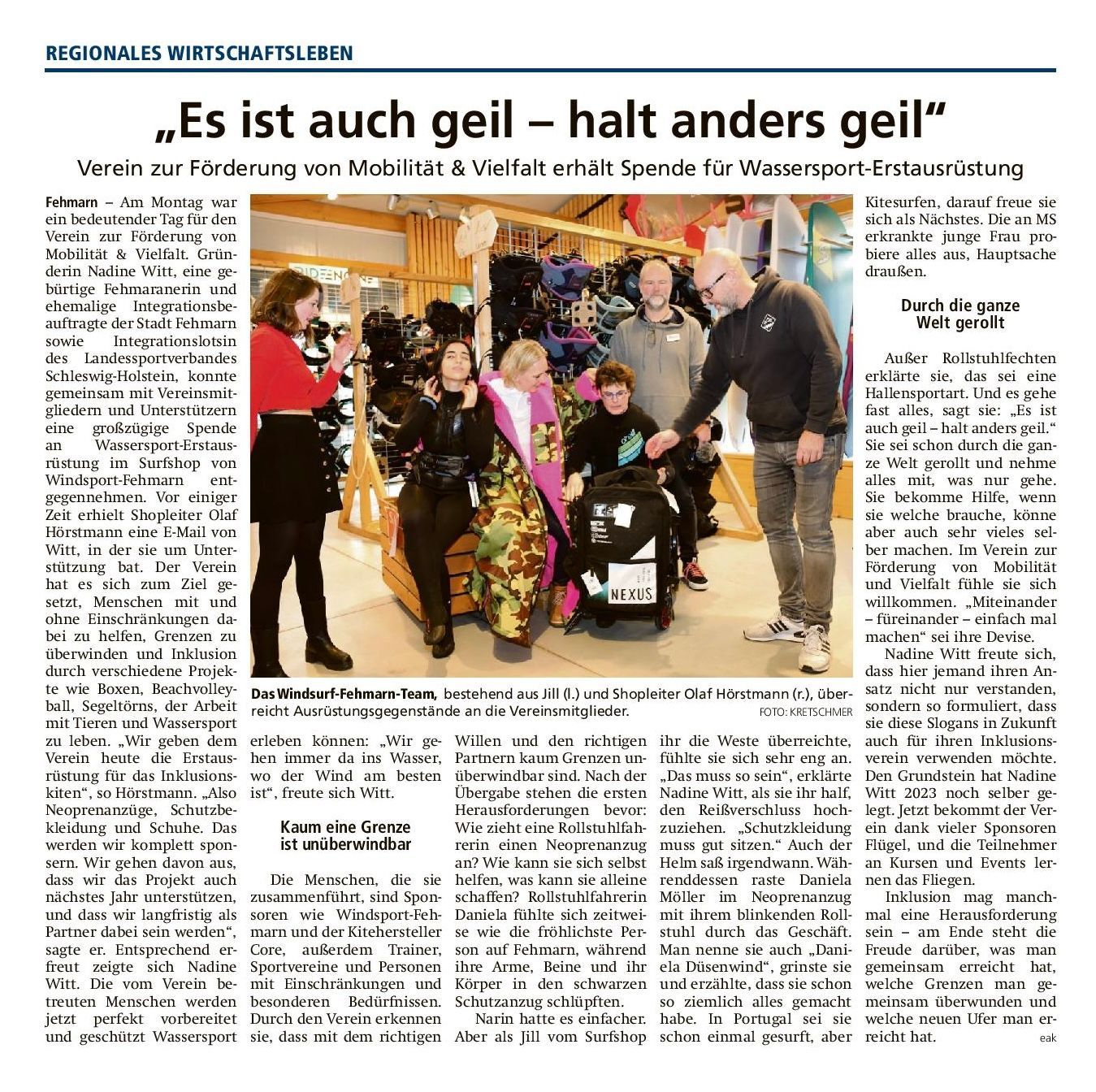 Ein Stern für Inklusion und Integration Der Verein zur Förderung
von Mobilität und Vielfalt
hatte sich mit seinem Projekt
„Mobilität & Vielfalt
durch Sport – gemeinsam
mehr erreichen“ beworben.
Im Fokus stehen dabei Inklusion
und Integration. Jeder
Mensch solle sich mithilfe
des VMV sportlich betätigen
können, unabhängig von
Ethnie, Herkunft, Religion,
Geschlecht oder Handicaps,
heißt es vonseiten des Vereins.
In seiner Bewerbung
weist er darauf hin, dass
Deutschland auch im Jahr
2023 „noch immer nicht
inklusiv“ sei, auch nicht im
Sportbereich, denn lediglich
sieben Prozent aller Sportverein
würden Sport für
Menschen mit Behinderungen
anbieten. Laut VMV führe
dies dazu, dass mehr als
die Hälfte aller Menschen
mit Behinderungen sich gar
nicht erst traut, sportlich aktiv
zu werden. Nadine Witt
erläutert in der Bewerbung:
„Daher sieht sich der VMV
ebenso als Mittler. Mithilfe
des neuen Vereins wird für
jeden Sportinteressierten
die richtige Sportart und der
passende Verein gefunden.
Damit geht der VMV völlig
neue Wege und ist durch seine
Dynamik einzigartig. Zudem
wird für jedes einzelne
Sportprojekt ein individuelles
Konzept erarbeitet. VMV
nutzt die digitalen Möglichkeiten,
um sich stärker
untereinander zu vernetzen,
beispielsweise mit der
Sportlandkarte des Landessportverbandes.
Durch seine
Einzigartigkeit ist es für
den VMV möglich, die Sportprogramme
nahezu überall
stattfinden zu lassen, nicht
nur lokal, sondern auch länderübergreifend.“