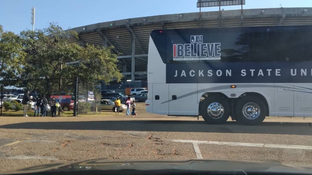 Jackson State bus outside Veteran's Memorial Stadium