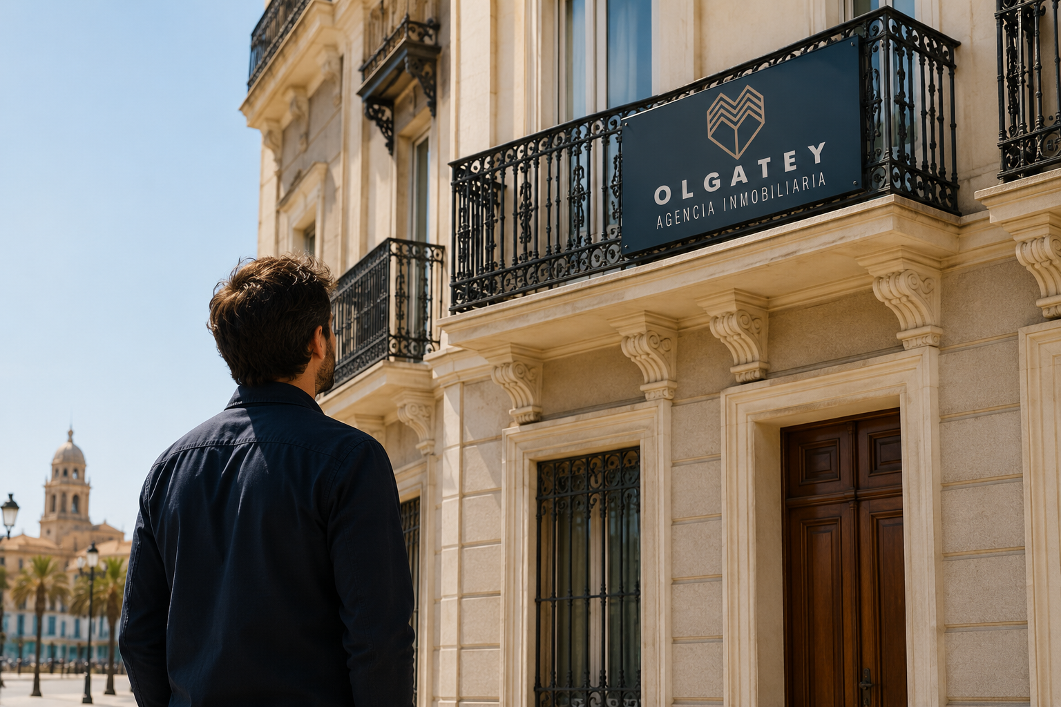 Hombre observando un edificio residencial en Cádiz con el cartel de Olga Tey Agencia Inmobiliaria