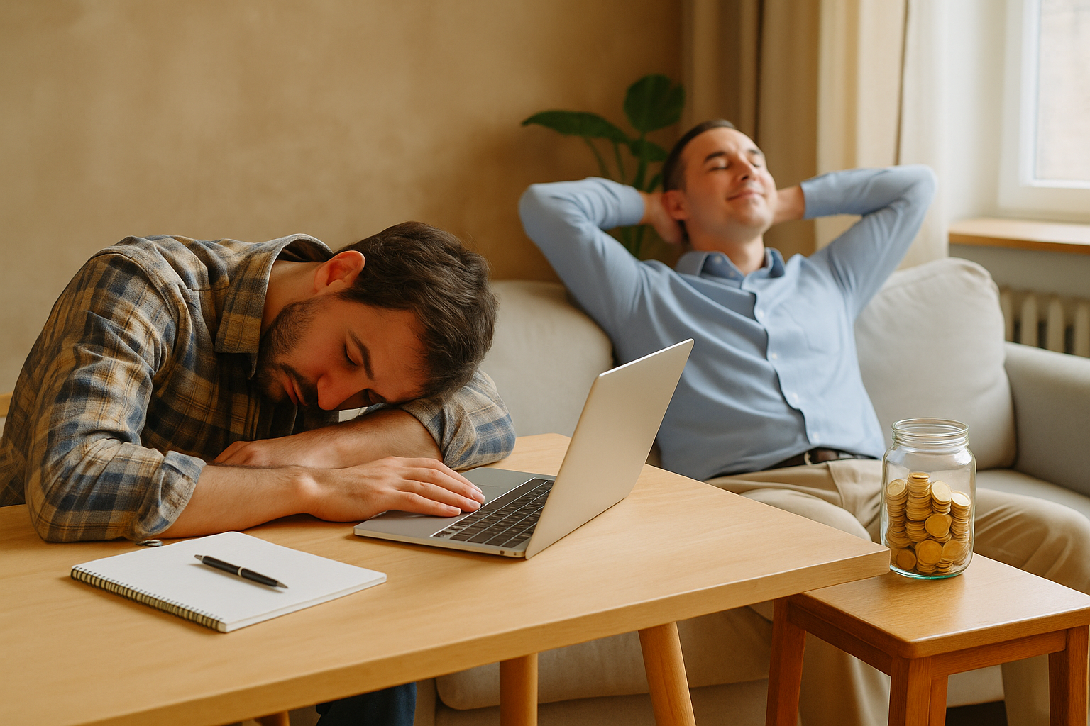 AutĂłnomo agotado y a un funcionario relajado, simbolizando la desigualdad econĂłmica entre ambos.