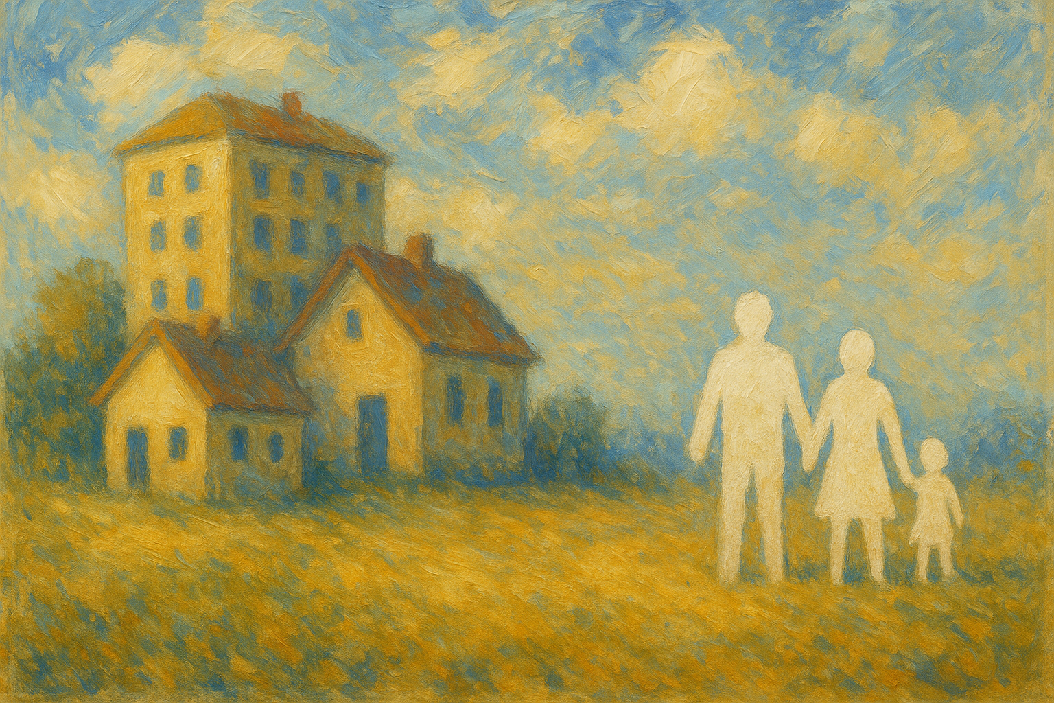 Pintura de estilo impresionista que muestra una familia de tres personas, representadas como silueta