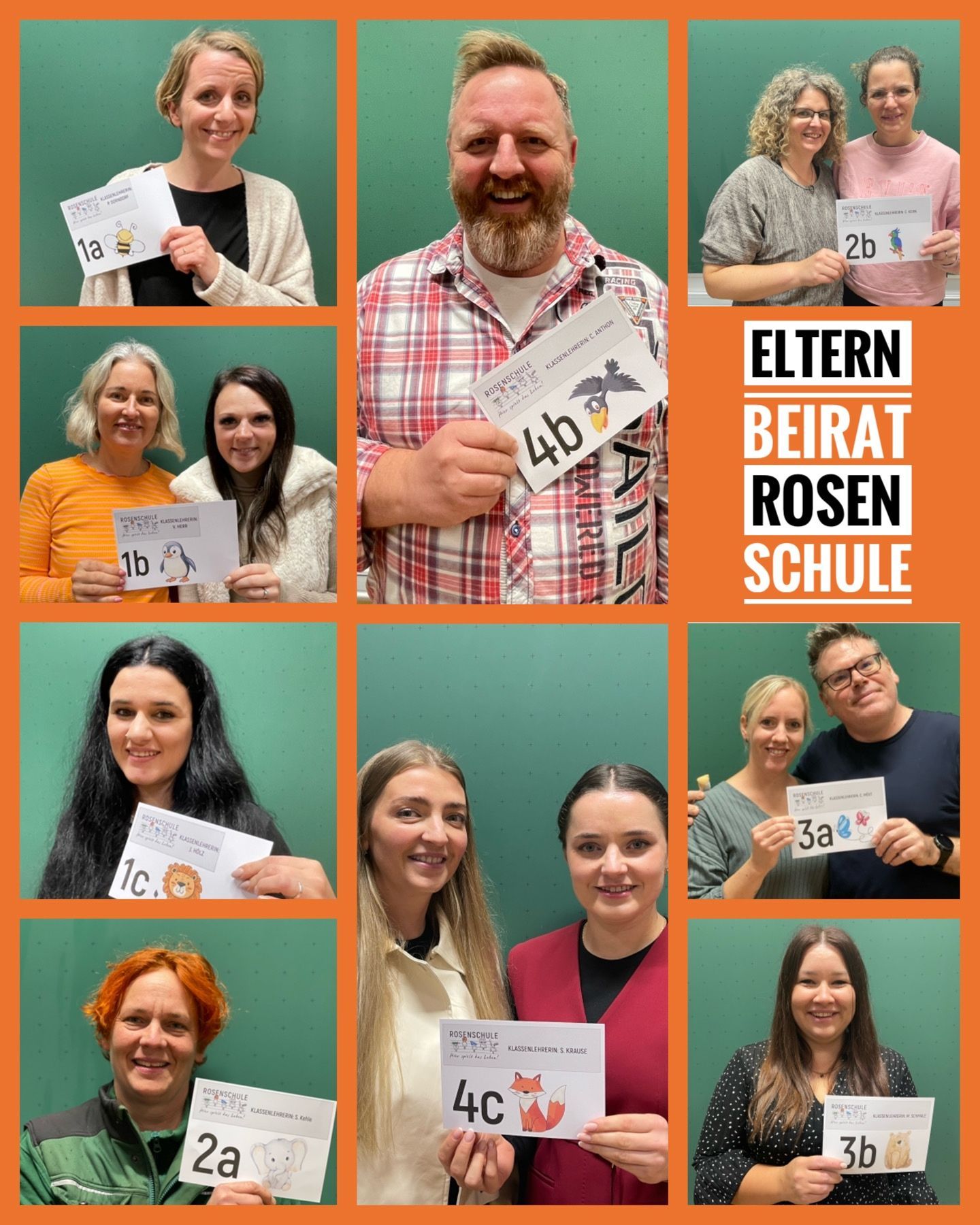 Collage Elternbeiräte Collage Portraits der Elternbeiräte mit Hinweisschild zur Klassenzugehörigkeit