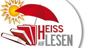 Logo Heiß auf Lesen Grafik mit Sonne, Sonnenschirm und Büchern. Logo der