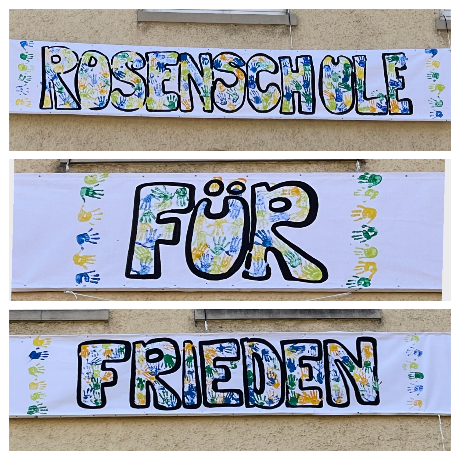 Selbstgeasteltes Banner: Rosenschule für Frieden
