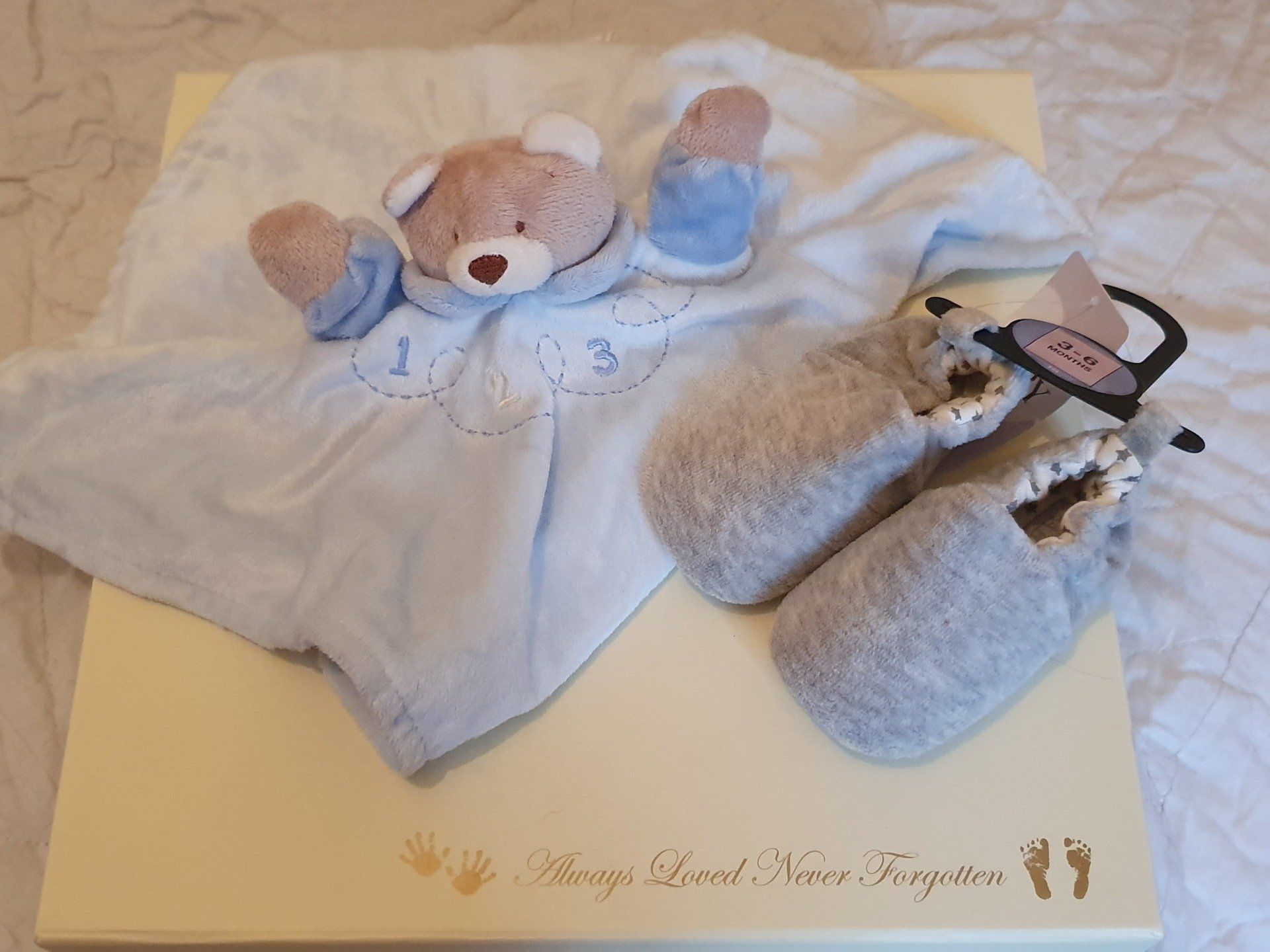 Memory box, blanket teddy and baby shoes