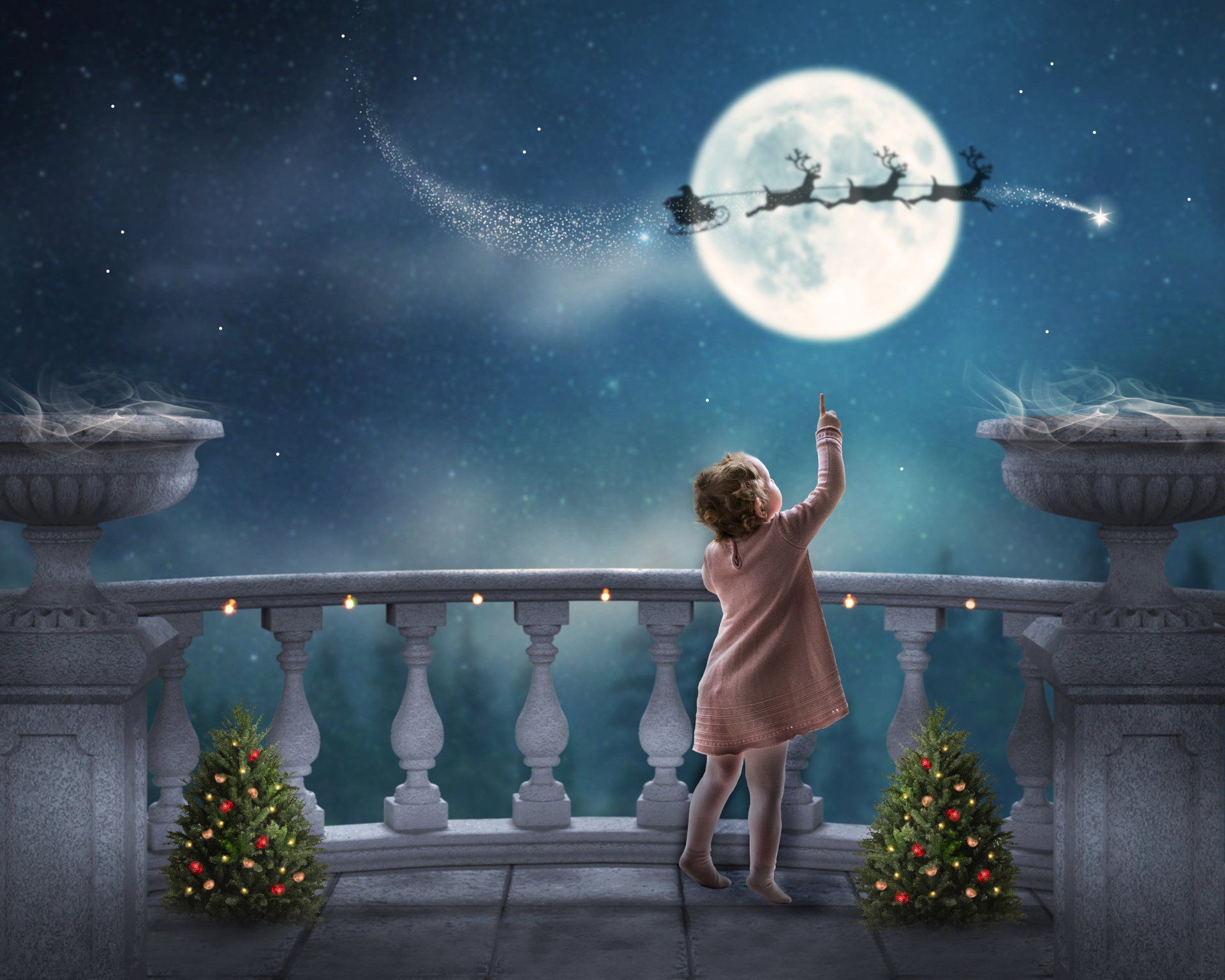 Christmas Night Balcony Little girl watching Santa and his sleigh silhouetted on the moon