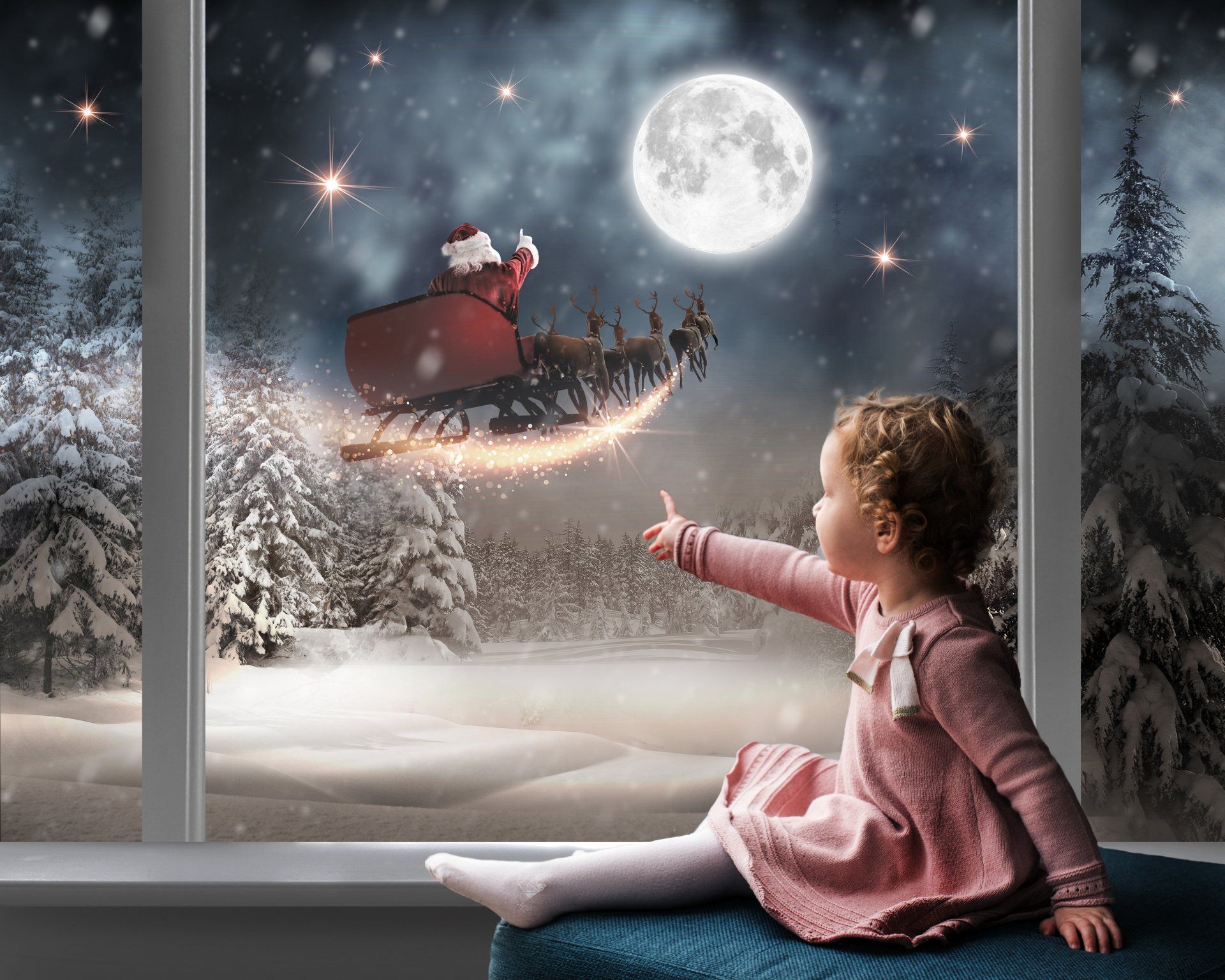 Christmas Night window Little girl watching Santa and his sleigh flying to the moon
