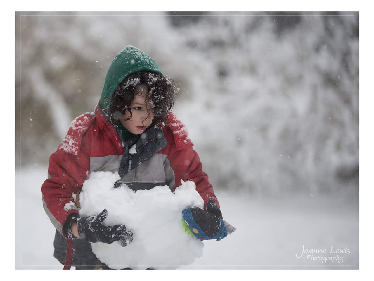 Boys carrying massive pile of snow to make a snowman