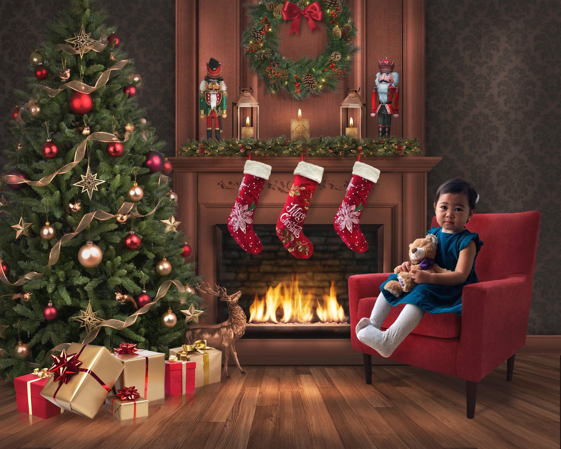Christmas Eve Fireplace with stockings and Tree with young girl sitting on Arm Chair
