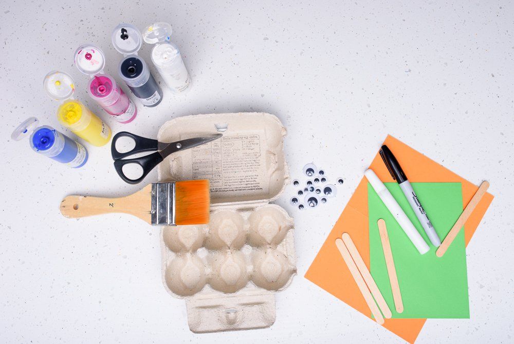Paints, paint brush, egg box, scissors, googly eyes, coloured card, lollypop sticks and glue