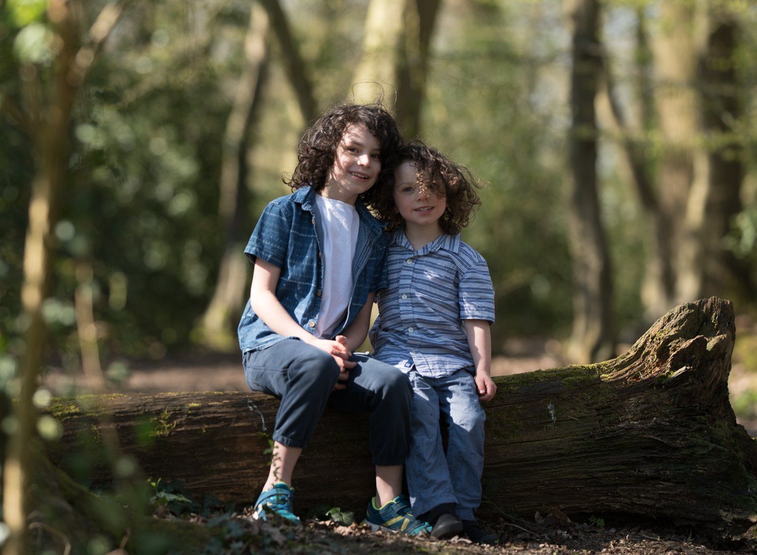Brothers sitting on a log in the forest in strong hard sunlight