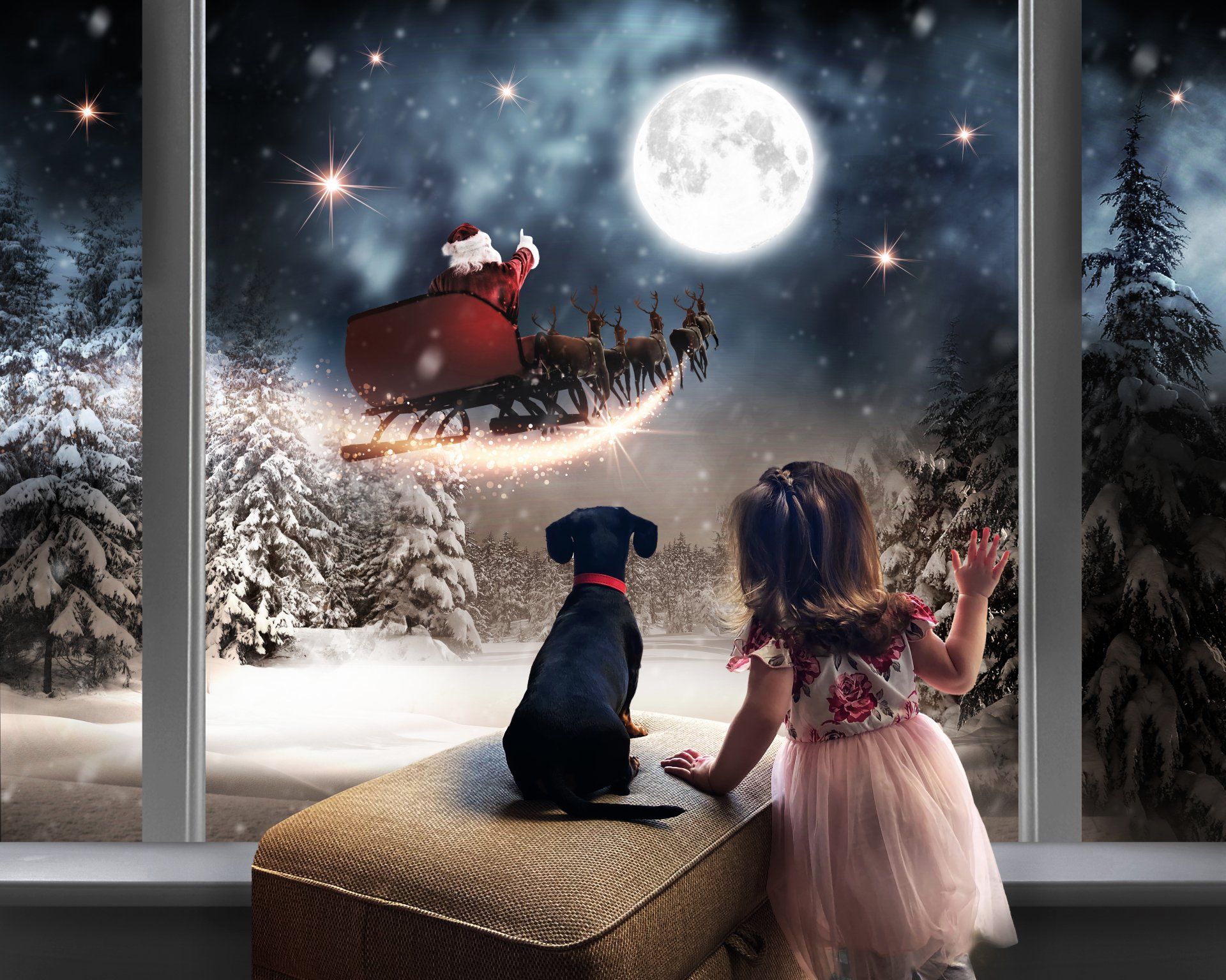 Christmas Night window Little girl watching Santa and his sleigh flying to the moon