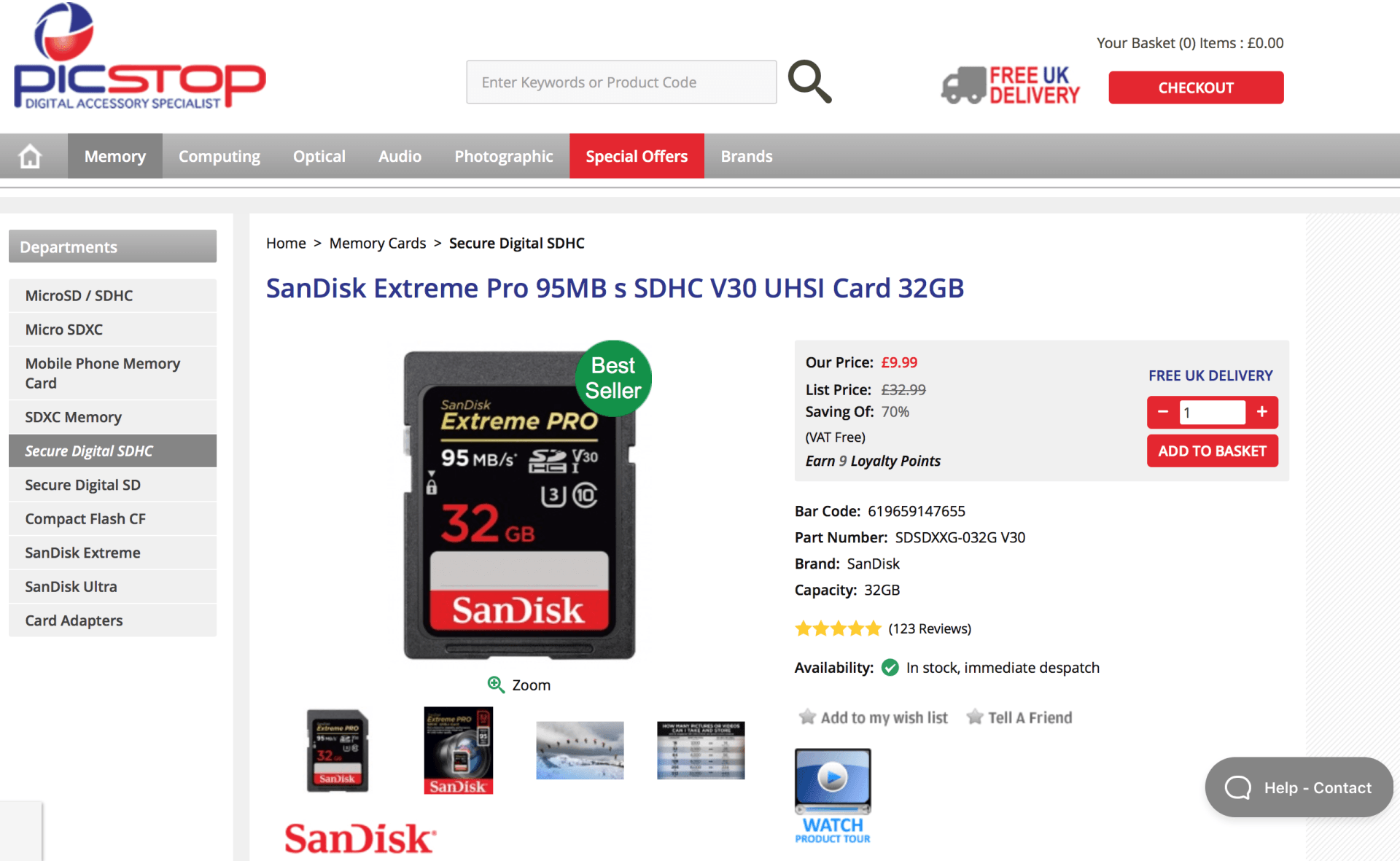 Sandisk Extreme Pro 32GB SD memory card for DSLR camera