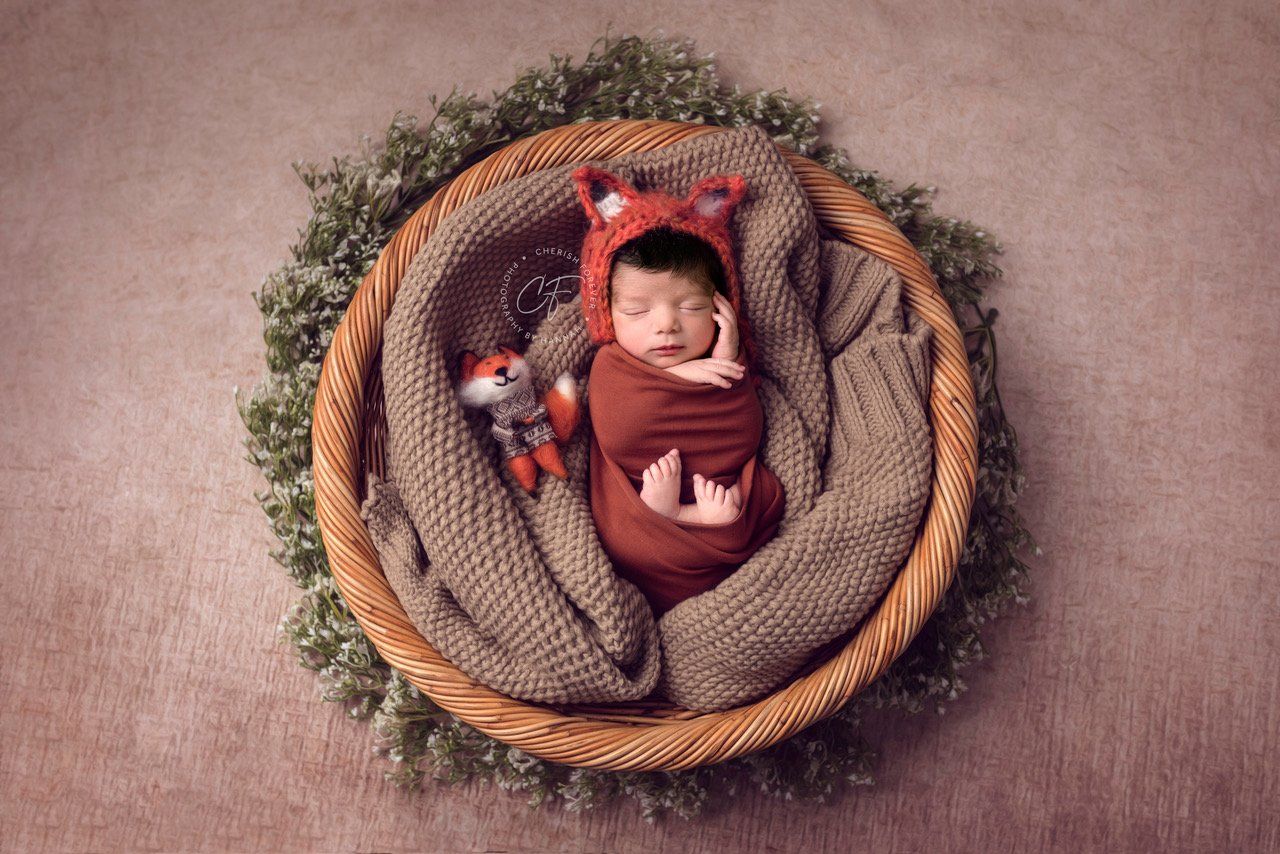 Newborn Studio Photoshoot with a little fox and Autumn tones