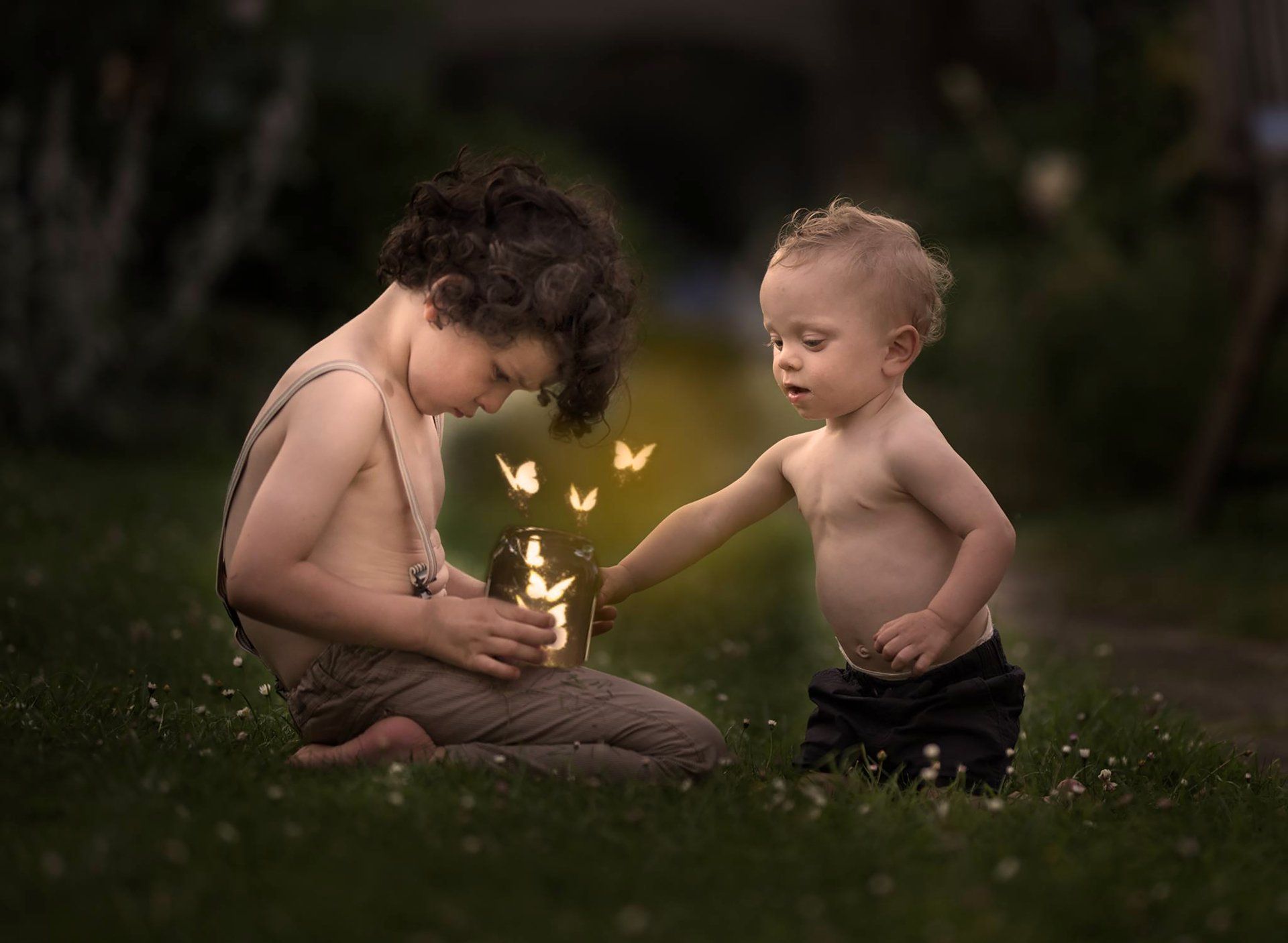 Boys in a field holding a jar of glowing butterflies