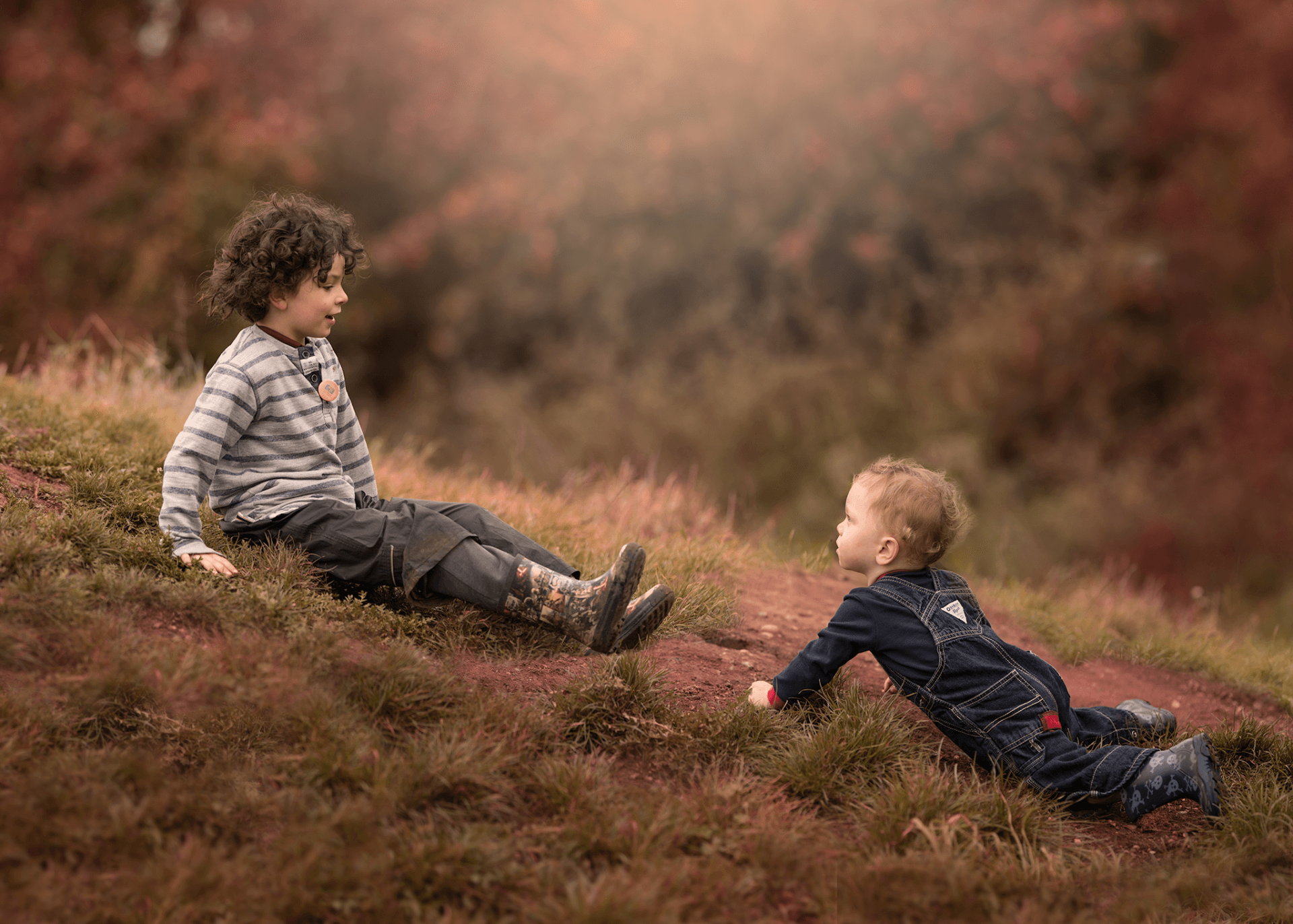 brothers sliding down a hill