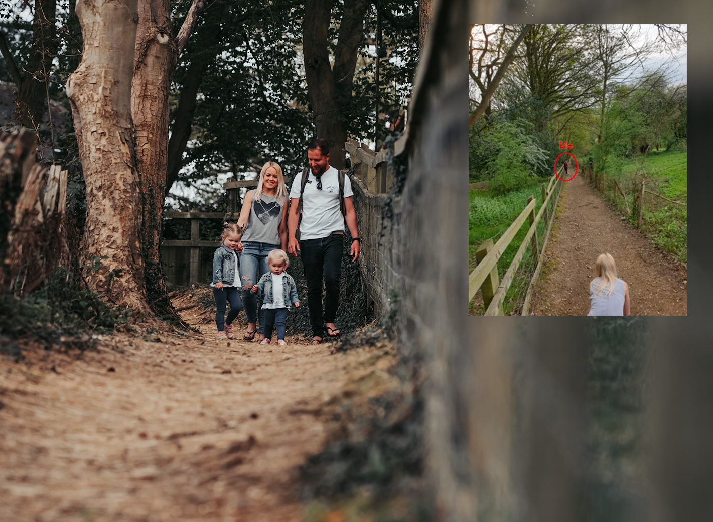 Photo in a photo... Family walking through the forest with photographer shooting from a long distance