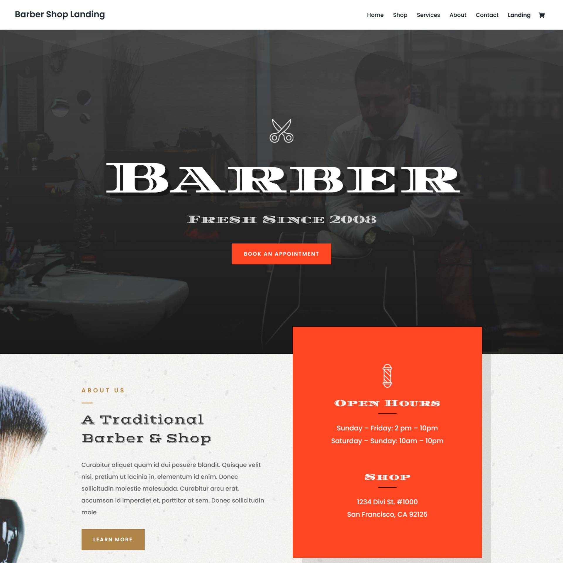 Barber shop services website landing page sample photo