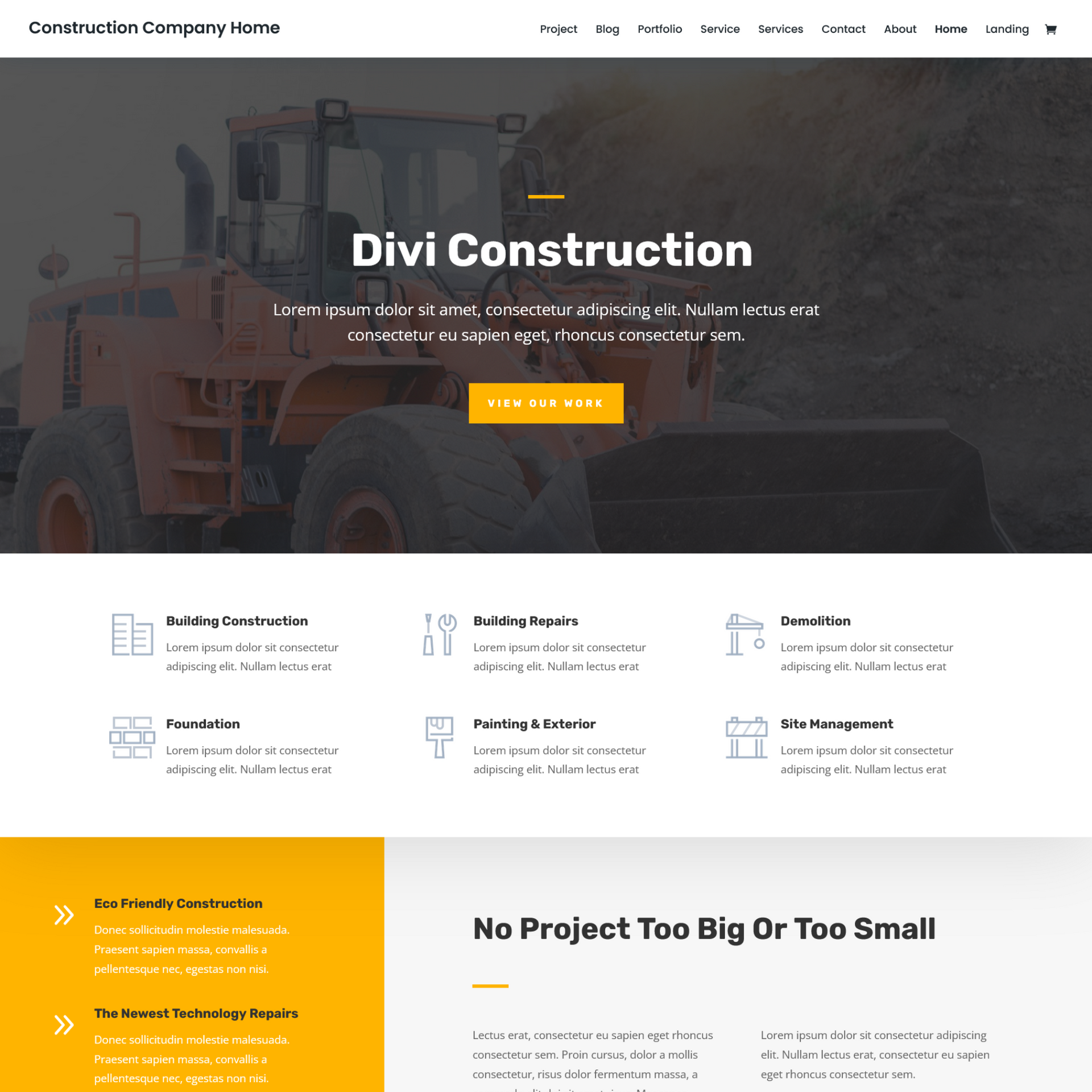 Construction services website landing page sample photo