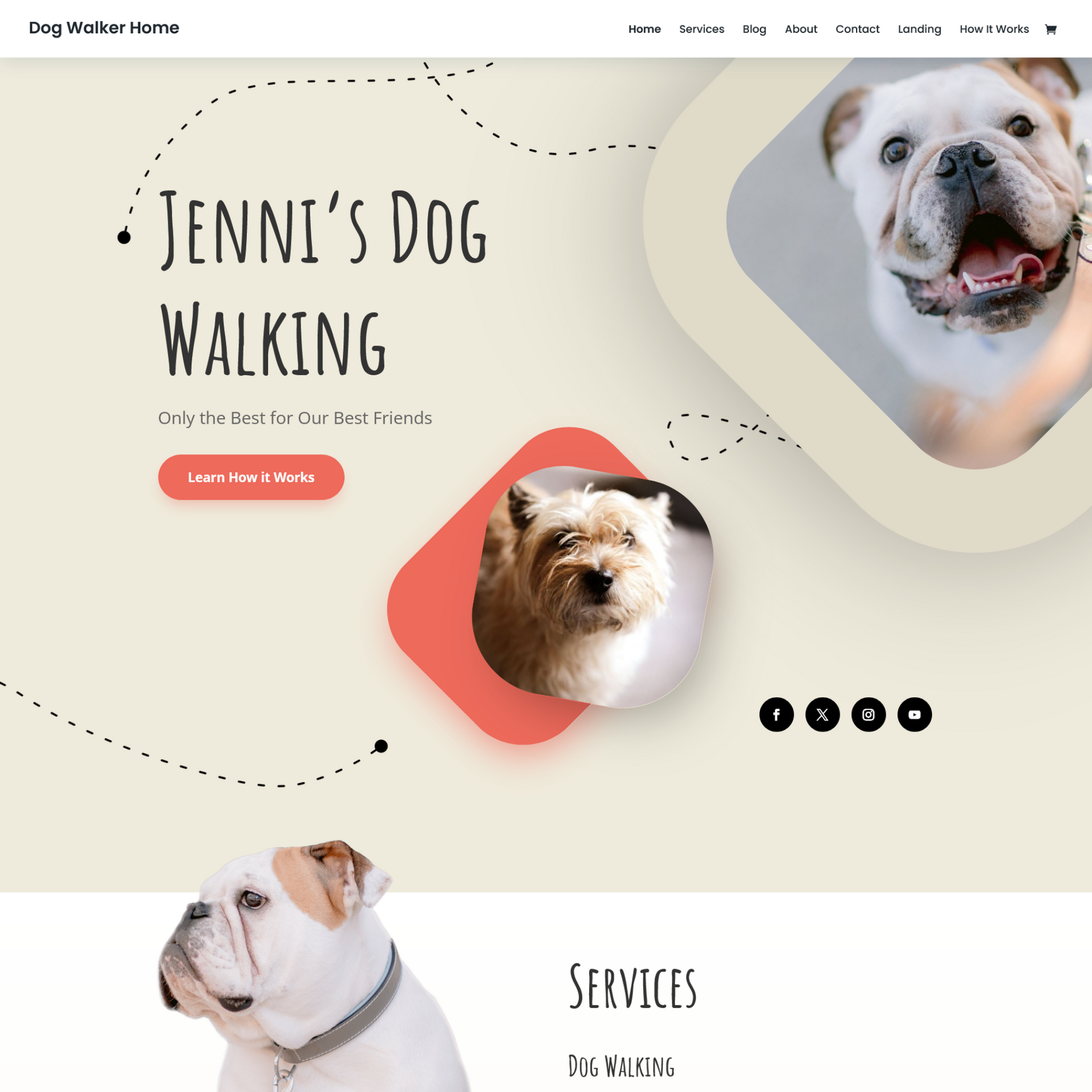 Dog walking services website landing page sample photo