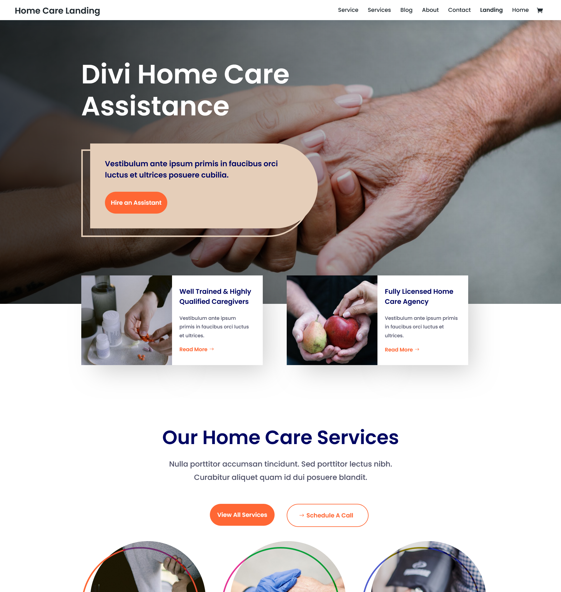 Home care services website landing page sample photo