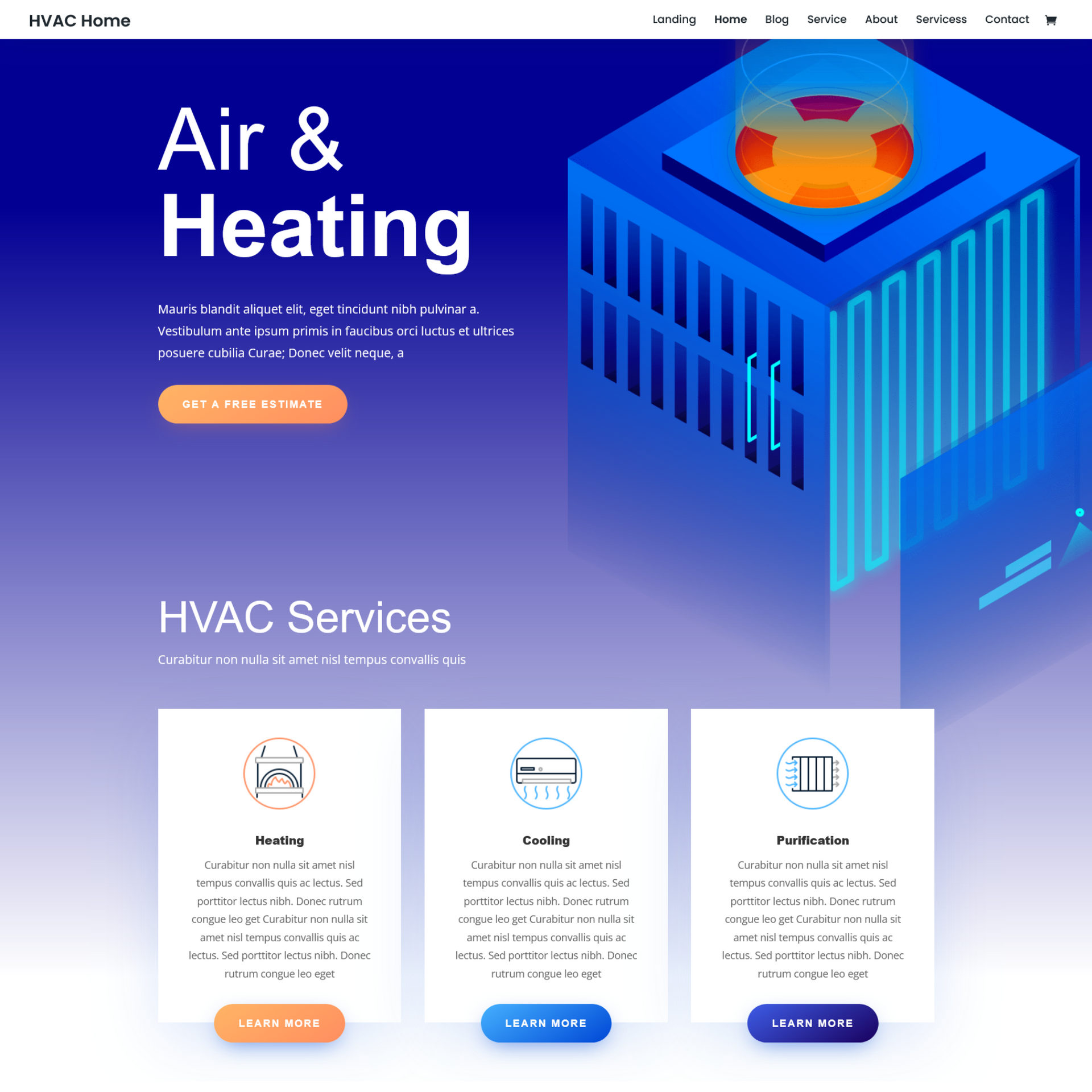 HVAC services website landing page sample photo