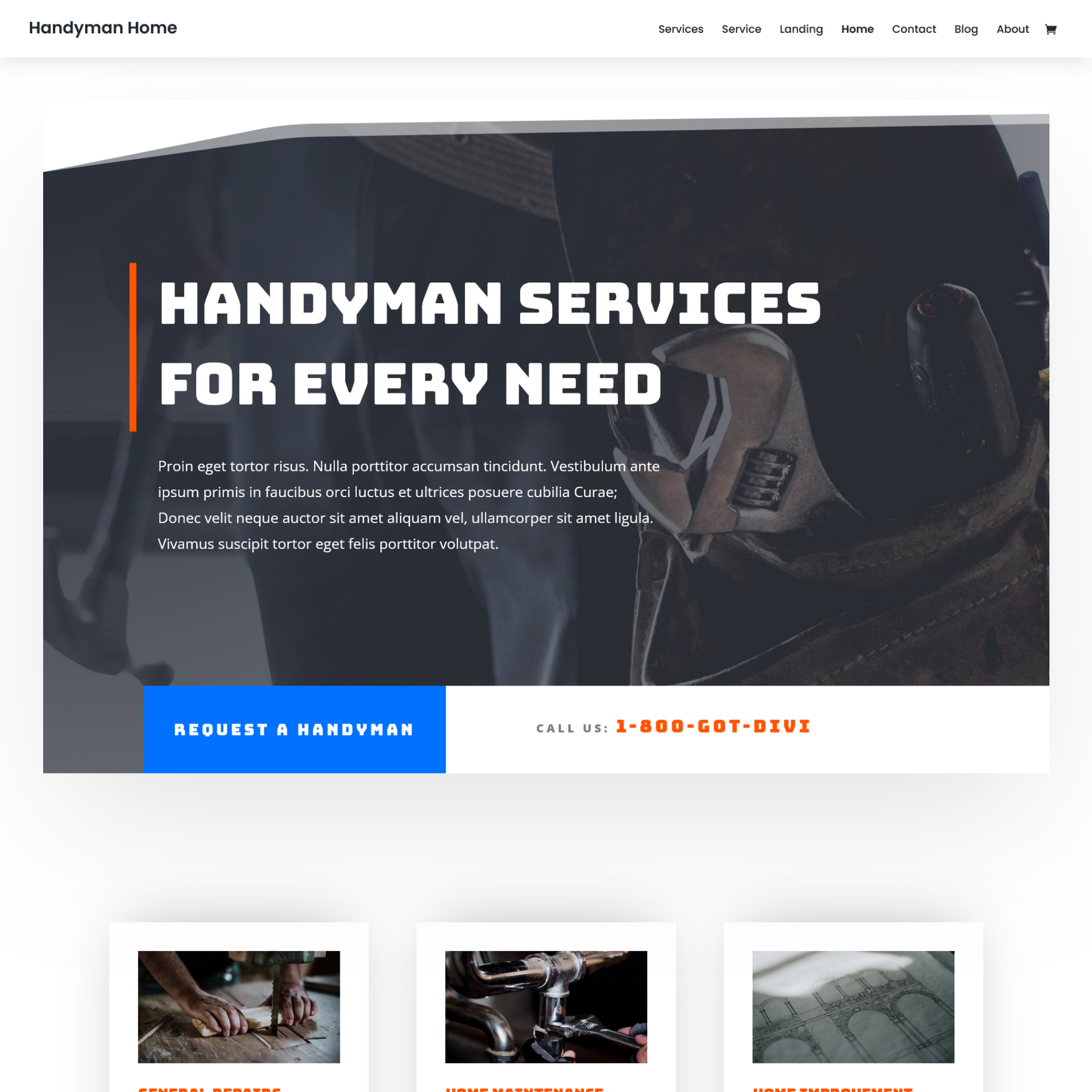 Handyman services website landing page sample photo