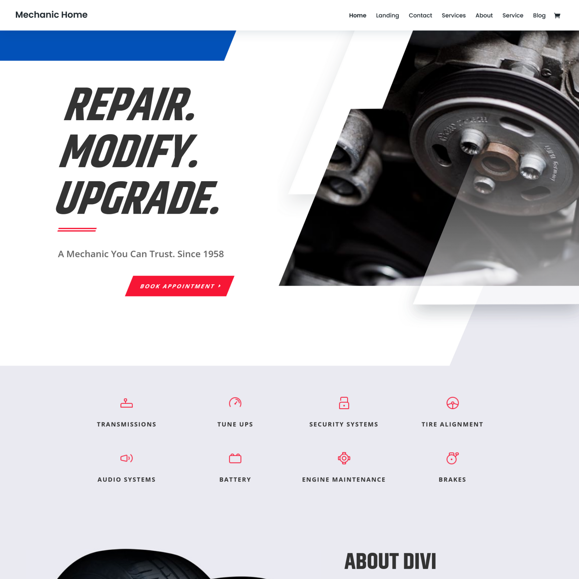 Mechanic services website landing page sample photo