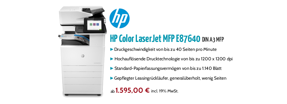 Unternehmen müssen wettbewerbsfähig sein und benötigen hierzu eine effiziente Druck-Infrastruktur. Aus diesem Grund hat HP den Color LaserJet MFP E87640 entwickelt. Das Gerät erhöht die Produktivität mit einem optimierten Design, das hochklassige Farben, maximale Betriebszeit und eine extrem hohe Sicherheit liefert.