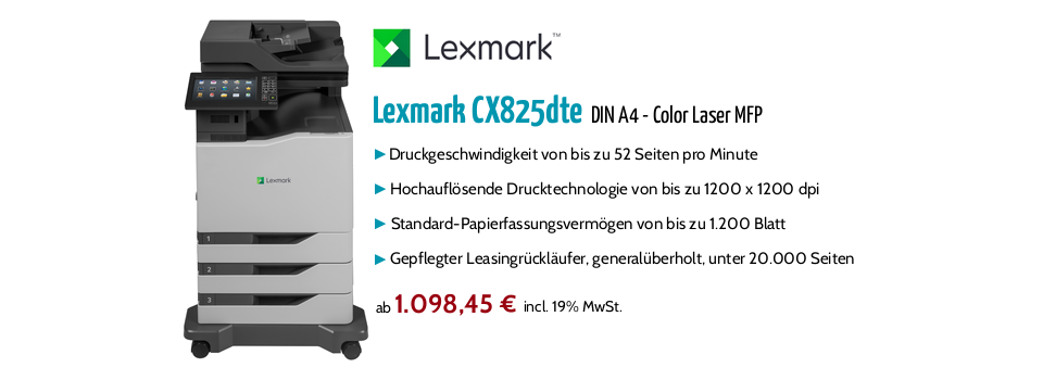 Der CX825dte ist das schnellste Multifunktionsprodukt im A4-Format seiner Klasse und überzeugt mit einer Druckgeschwindigkeit von bis zu 52 Seiten pro Minute und einer maximalen monatlichen Ausgabe von 250.000 Seiten.