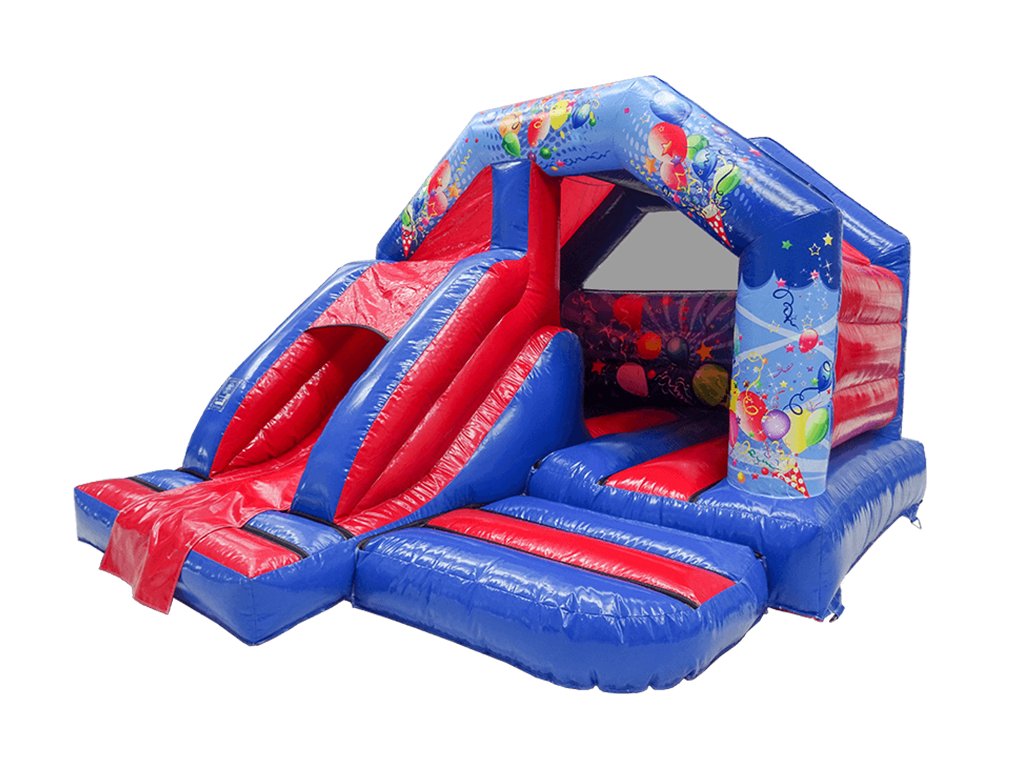 Blue and Red Party Time Slide Bouncy Castle from Bury Soft Play