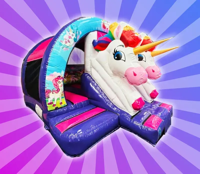3D Unicorn Curved Slide Bouncy Castle from Bury Soft Play