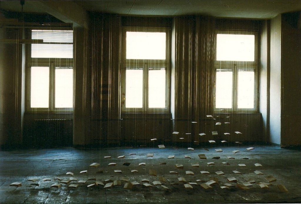 Raumbezogene Arbeiten in der Ausstellung Herderprojekt 2 Freiburg 1998 --- O.T. Bücher Nylonfäden 400 x 650 x 120 cm