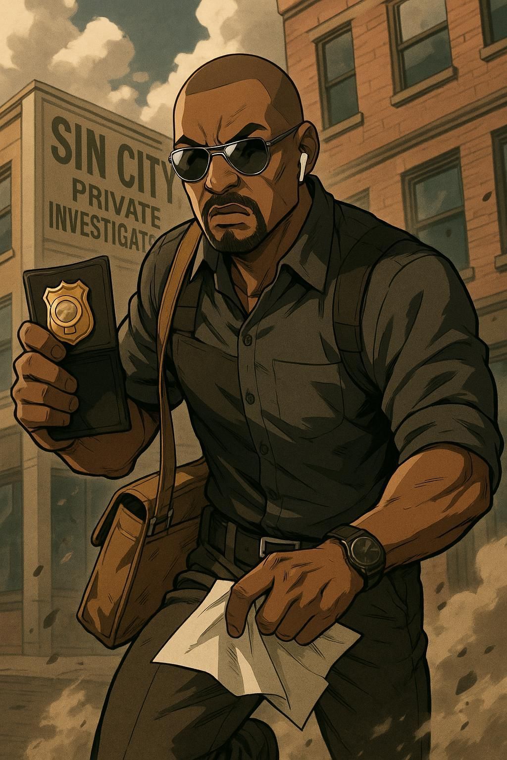 Duke stands in an alley, earbuds in, mirrored shades on, cross necklace visible—ready to listen, question, and serve.