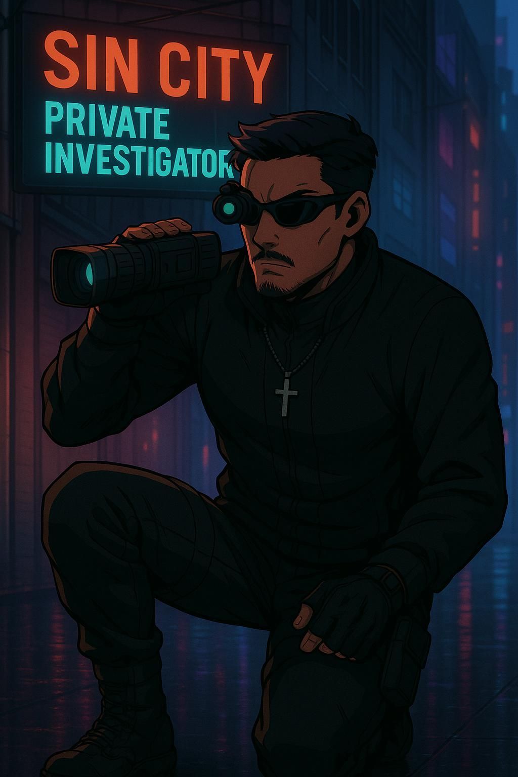 Ghost sits in a dark surveillance car, cross necklace showing, eyes fixed on the scene, of surveillance gear.