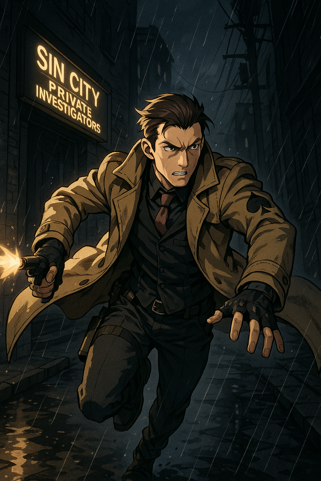 Kane stands in a Kevlar trench coat beneath Vegas neon, his cyber-eye glowing, next to Sin City Private Investigators sign.